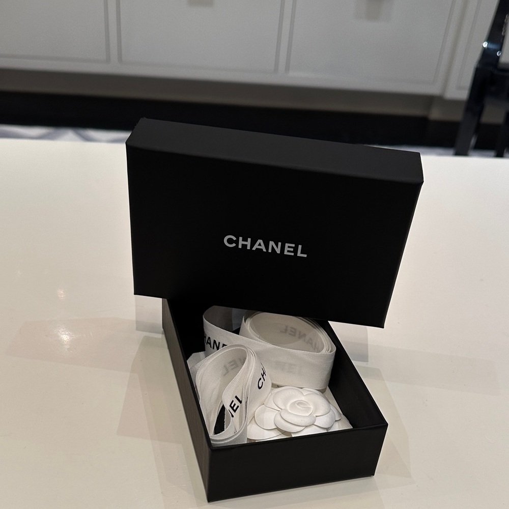 CHANEL Black Gift Box with White Ribbon & Camellia Accent